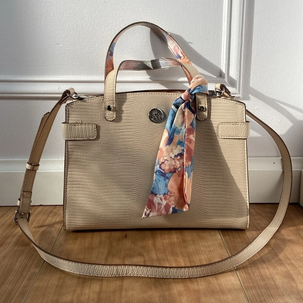 Anne Klein Bonded Satchel Triple Compartment Taupe Neutral Spring Crossbody